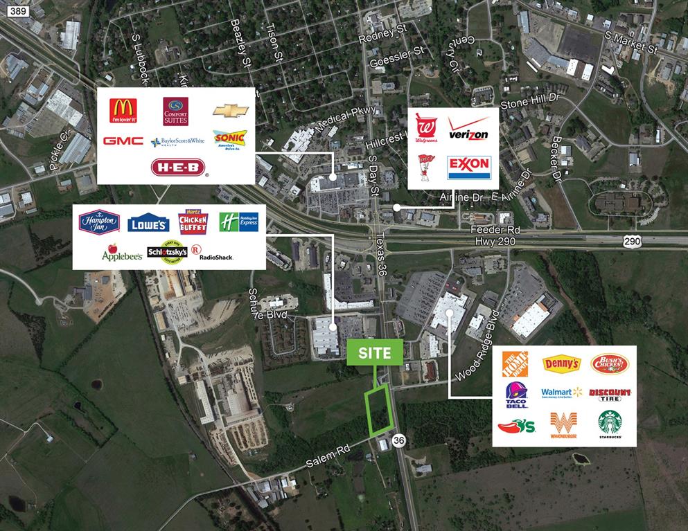 Unique opportunity to own land across from Walmart & the retail hub of Brenham.  Excellent location for a retail center, restaurant, or fast food pads.  No flood plain.  Can be re-zoned.  This ~4 AC parcel is carved from a larger 26 AC tract; more land available if desired.  Area retailers include: Home Depot, Lowe's Home Improvement, H-E-B, Casa Ole, Schlotzky's, Chili's, Bush's Chicken, Applebee's, McDonald's, Jack-In-The-Box & Starbucks.