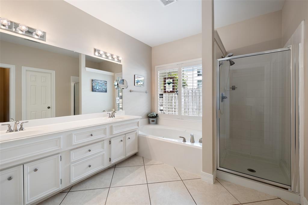 The primary bath offers a double vanity, so much counter and cabinet space, a jetted tub, separate shower, private water closet and a big walk-in-closet.
