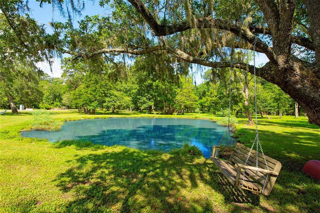 This amazing property offers 2 ponds... this one with nearby wooded bench swing for sitting and enjoying the gorgeous grounds.