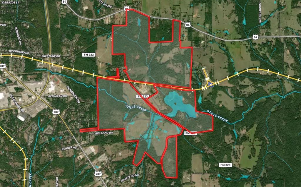 00 FM 323 Palestine, Texas 50+ Acre Lake Accents this 1,098 Acre Working Cattle Ranch. Property offers fishing, hunting and development potential. Located near Palestine in East Texas, property fronts Hwy 84 East, FM 323 and ACR 148 with long frontage and access to the Texas State Railroad.(currently in service). Short-rail service and utilities are available. See attached for additional information.