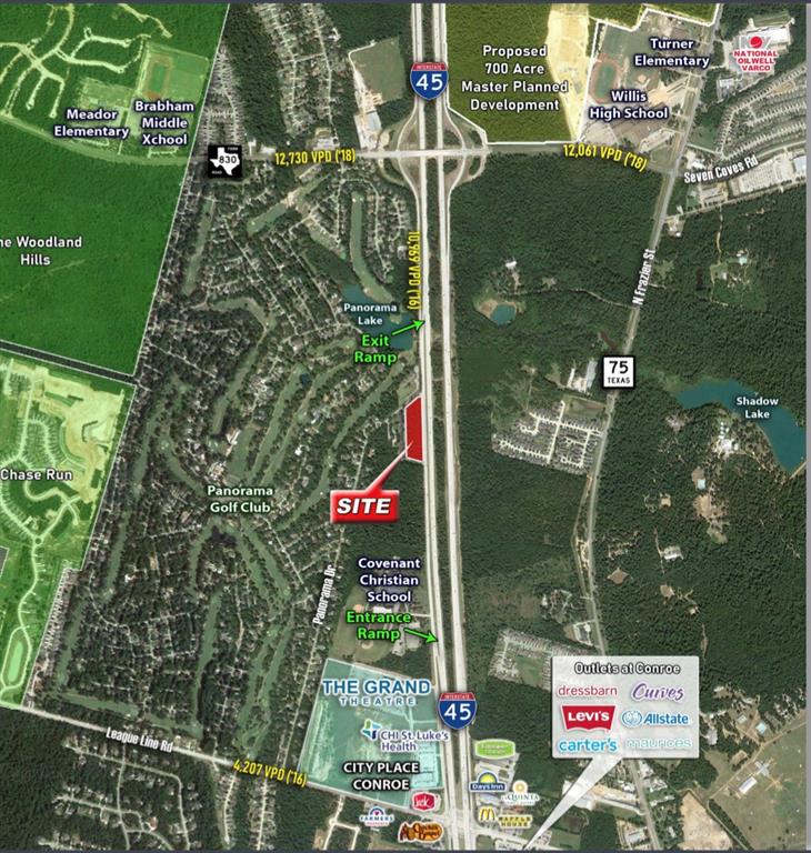 SWC of I-45 & Panorama Drive in Conroe, Texas (just south of Willis); Site is situated in between the exit and entrance ramps onto I-45 Freeway; Excellent visibility and easy access to site; Adjacent to Panorama Village and Golf Course; Located southeast of The Howard Hughes development, a 2,500 acre 4,500 rooftop masterplanned community under construction; Every homeowner that leaves this community has to pass this site to get onto the freeway to go into Conroe; Full utilities are available; Located in a growing area north of Houston; The majority of the engineering has been completed; Exposure to approximately 104,180 vehicles per day along I-45 (south of site - TXDOT 2018)