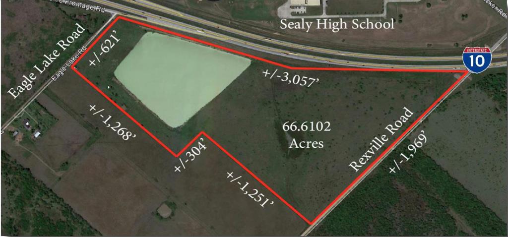 Unrestricted +-66.6012 acres of unrestricted land on I-10 East Frontage Road with two Hard Corners at Rexville Road and Eagle Lake Road. The property sits outside the Sealy City limits and outside the 500-year flood plain. With +-3,057 feet of Frontage on I-10, this property is suitable for many uses for either commercial or residential development. This property is directly across I-10 from the Sealy High School Complex and in front of the Walmart Distribution Center.