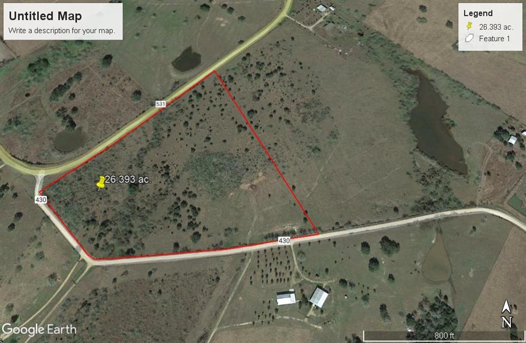 This 26.393 acres is located just south of Koerth Texas in a quite community in Lavaca County just off Hwy. 77 on FM 531 and corner of CR 430.Property has lots of road frontage on CR 430 and FM 531.
Road frontage on FM 531 is 1,264 feet, CR 430 is 1,905 feet,the east fence line is 1,340 feet.  East fence line has no fence.The terrain has a slight roll with some open pasture and mostly yaupon brush and mesquite trees in some areas.  There is a small slough in the middle of the property that could be dammed off and a pond could be created.   Soils are deep red mix of loams and some loam clay mix.   There are no ponds, has electricity on the corner of FM 531 & CR 430.  Property is not in flood zone and has no oil/gas production on the property and no oil/gas leases.Property has an Ag. Exemption and has a cattle lease with the neighbor to the east.

Property would make a great homesite with lots of road frontage on two roads.