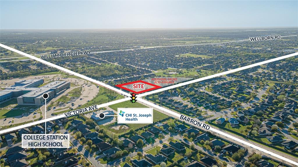 This 2-acre hard corner site sits at the 4-way lighted intersection of Barron Road and Victoria Avenue, directly across the street from College Station High School. It is less than 1 mile from Hwy 6, 0.7 mile to Creek View Elementary, 1 mile to Cypress Grove Intermediate, and 5 miles to Texas A&M University. The property is surrounded by residential developments and the high school draws ample morning & afternoon traffic. The proximity to schools makes this property is ideal for a daycare or any neighborhood services retail center. The adjacent 3 acres is also available for a total of 5 acres. Call for more information.