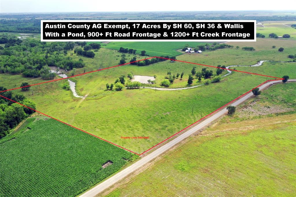Great Location In Austin County! AG Exempt, Prime ~17-Acre Tract By FM 1952, State Hwy 60, State Hwy 36 & Wallis With 900+ Feet Road Frontage On Svoboda Road, a Pond & 1200+ Feet Creek Frontage Where Elm Slough Enters The Property From The Middle of Western Border And Curves Down Passed The Pond To The Middle of the Southern Border. 15 Minutes From 1-10 Provides an Easy 30-Mile Drive to SH 99/The Grand Pkwy, Katy Mills Mall, University of Houston-Katy Campus. No Water Or Sewer. Well & Septic Will Need To Be Installed By the Buyer. Seller To Retain All Owned Minerals. Five Additional Tracts Available (see map). New Survey Will Be Required. Restrictions in Docs. Downtown Houston and Texas Medical Center Are 45 Miles Away.