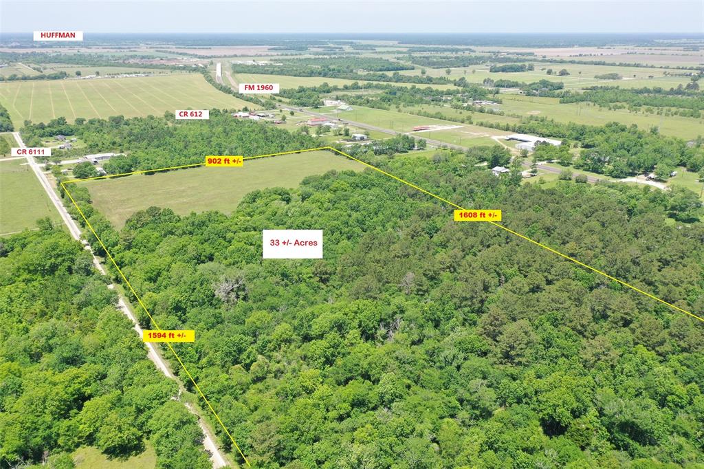 33 Acres Ready for your new development project, residential, commercial, or industrial. Located just 400ft off FM 1960 and only 1.5 miles from the New Grand Parkway/99. The property boasts a FULL AG exemption with a minimal tax rate of 1.9, No Mud Tax, No City Tax, No HOA, and No Restrictions.  The tract is prime for development with 1600 ft of road frontage and only 900 ft of depth.