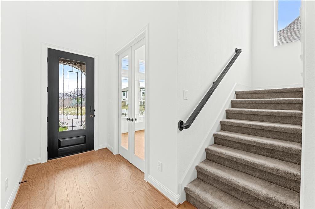 Glass and iron door opens into foyer