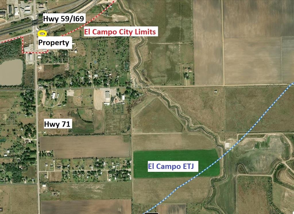 Amazing Property! 19.5045 acres located on a hard corner of recently expanded US Hwy 59/I-69 and State Hwy 71 in El Campo. 715 feet on road frontage with two curb cuts on I-69/59 and one additional curb cut on Hwy 71. Property is located partially in city limits of El Campo and Partially in the ETJ. City sewer and water is available. City is working to bring entire property out of FEMA flood zone. It is a fantastic property and offers unlimited potential.