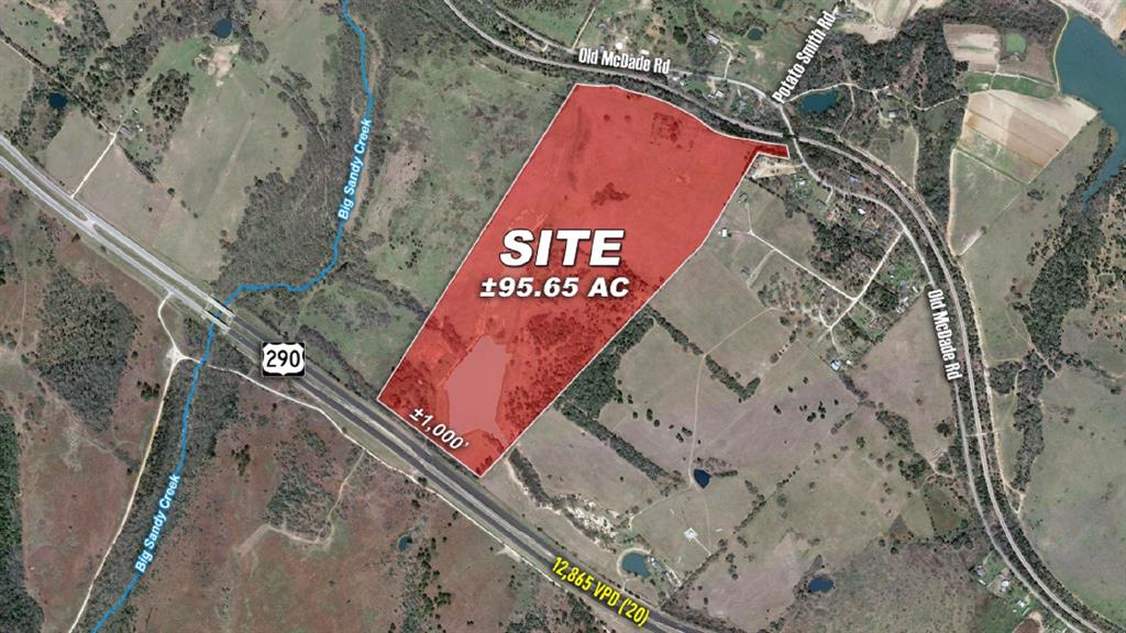95.65 Acres of unrestricted land with 5-7 acre stock tank pond and rolling terrain with amazing views.  Just 20 miles from the new Samsung plant and 27 miles from Tesla Gigafactory. 1,000 feet of frontage on US 290 and additional access on Old McDade Rd (FM 106). Water available from Aqua WSC.