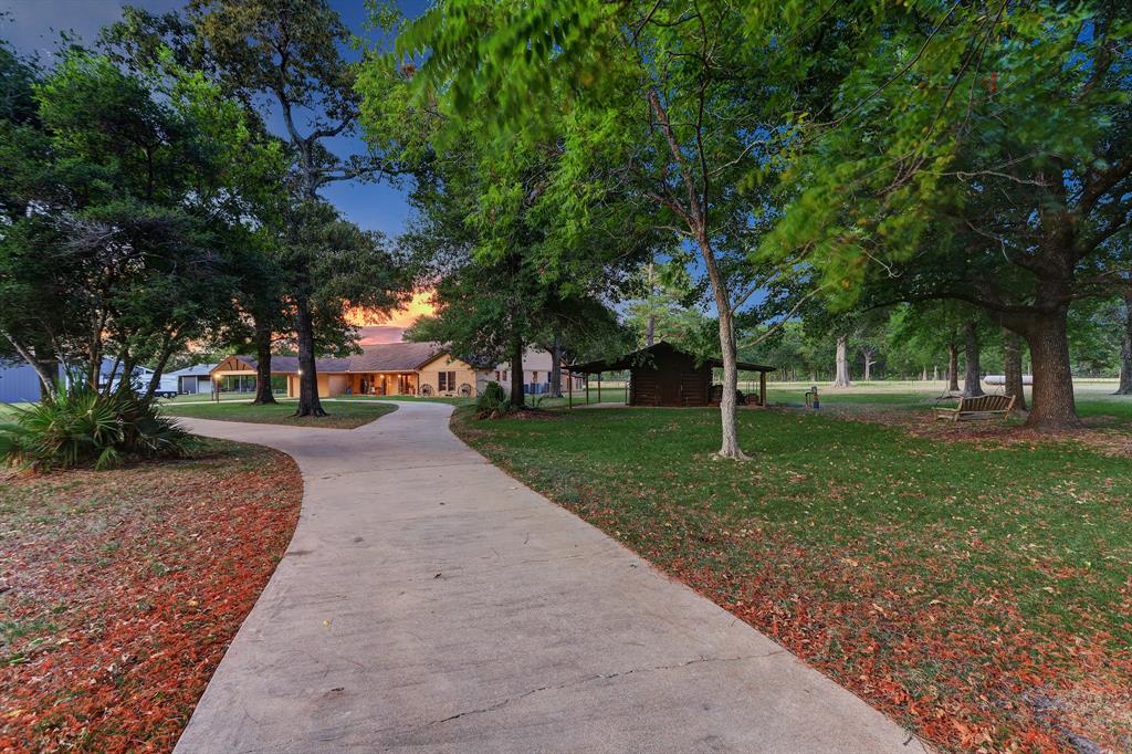 The wide concerte driveway leads to a circular drive at the entrance to the main house. The building to the right is part of the old homestead, which is now the well house.