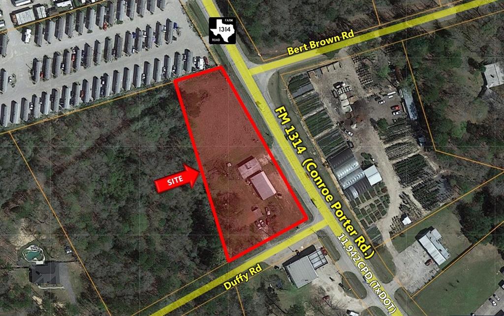 Property is 1.783 Acres situated at the northwest corner of FM 1314 (Conroe Porter Rd) @ Duffy Rd.  Over 450 linear feet of road frontage on FM 1314.  Property is situated in area of minimal flood hazard per FEMA & County Maps (Zone X).  Property has 3,500 square-foot office/ warehouse buildings constructed upon it.  Utilities served via water well and septic system.
