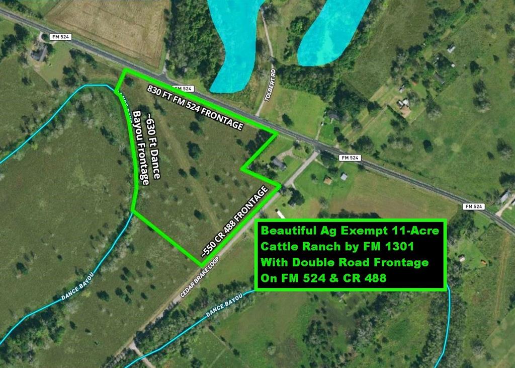Ag Exempt! Beautiful 11-Acre Cattle Ranch By FM 1301 With Double Road Frontage: ~830 Feet Paved Road Frontage On FM 524 & ~550 Feet Paved Road Frontage on CR 488. Improved Pasture With Partial Perimeter Fence. Dance Bayou Runs Along The Western Border For ~630 Feet With Clusters Of Trees Lining The Banks. The Property Is Located 10.5 Miles NW Of West Columbia Via FM 1301 & 26 Miles South Of Wharton Also Via FM 1301. SH 35 & The Phillips Plant Are ~5 Miles South On FM 524 & Sweeny Is 12 Miles South. SH 36 Is ~11 Miles East. Located Midway Between Houston & Freeport; Both Are 35 Miles Away. Lot 3 Is Part of A Larger Tract Totaling 50.5 Acres. Additional Tracts Available For Sale Ranging From 10 Acres To 50.5 Acres. See Map Pictures For Undivided Tract & Subdivided Lots. Pictures Represent The Entire 50+ Acres And May Not Be Part Of Lot 3. Buyer Purchases Survey. AN APPOINTMENT IS REQUIRED DUE TO CATTLE ON THE PROPERTY! Restrictions In Docs.