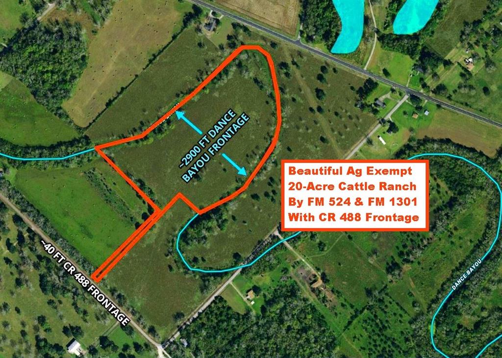 Ag Exempt! Beautiful 20-Acre Cattle Ranch By FM 524 & FM 1301 With 40 Feet Paved Road Frontage On CR 488. Improved Pasture With Partial Perimeter Fence. Dance Bayou Runs Along The Western, Northern & Eastern Borders Extended ~2900 Feet With Clusters of Trees Lining The Banks. The Property Is Located 10.5 Miles NW Of West Columbia Via FM 1301 And 26 Miles South Of Wharton Also Via FM 1301. SH 35 And The Phillips Plant Are ~5 Miles South On FM 524 & Sweeny is 12 Miles South. SH 36 Is ~11 Miles East. Located Midway Between Houston & Freeport; Both Are 35 Miles Away. Lot 2 Is Part Of A Larger Tract Totaling 50.5 Acres. Additional Tracts Available For Sale Ranging From 10 Acres To 50.5 Acres. See Map in Attachments For Undivided Tract & Subdivided Lots. Pictures Represent The Entire 50+ Acres and May Not Be Part Of Lot 2. Buyer Purchases Survey. AN APPOINTMENT IS REQUIRED DUE TO CATTLE ON THE PROPERTY! Restrictions In Docs.