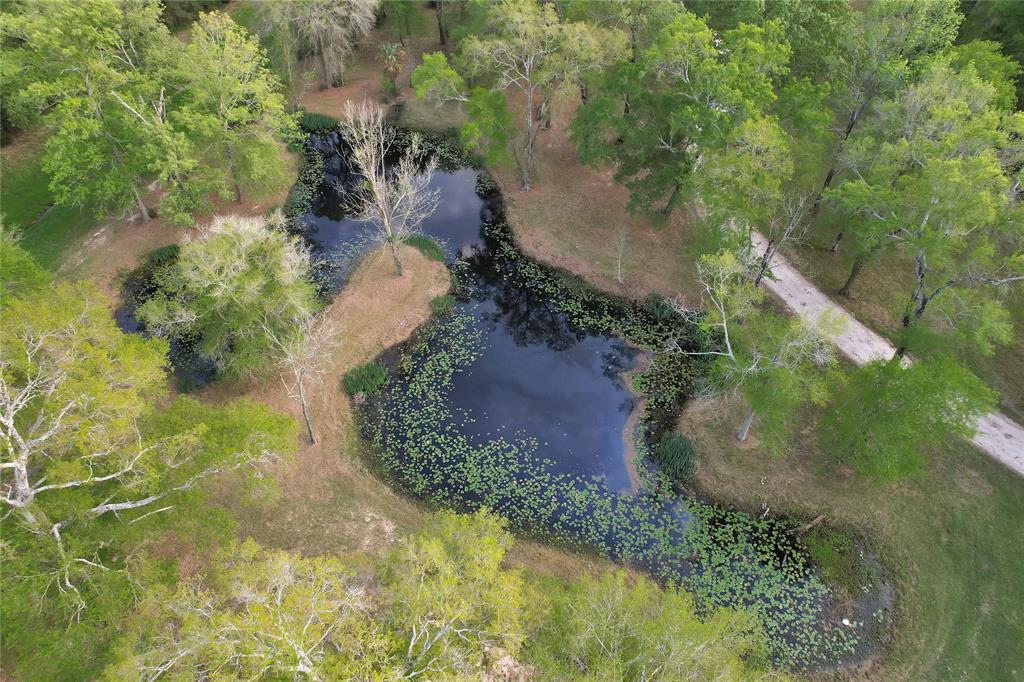 Aerial view of the front of the property with pond and road through property.