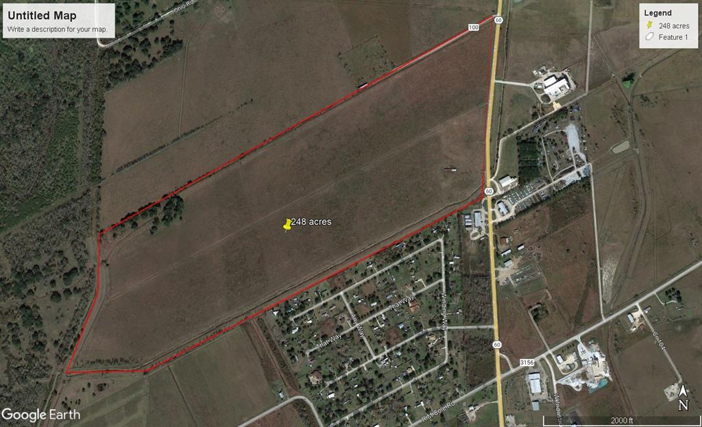 A 258 acre development tract for subdivision and shopping centers or small businesses.  Has about 2600 feet of Hwy. 60 frontage and 6200 feet deep.  Has LCRA canal in the back with county drainage canal on the south side.
Property drains from the middle to each side of the property into canals.  Water drains to the south and north.
Has access off CR 400 with small acreage about 7.5 acres into the original tract.  Has several live oaks about 100 years old on the north side and many trees on the south side on the canal.