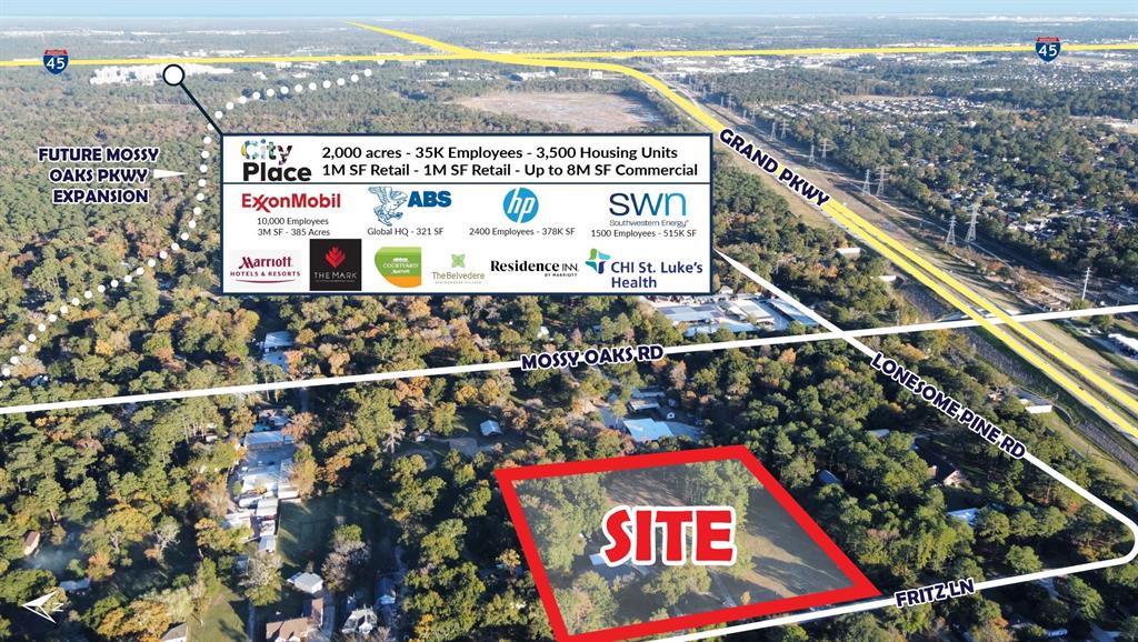 This 4.86 acre site is located just 1,400 ft from Mossy Oaks Rd, which has plans in place to be expanded to join up and connect to both Gosling Rd to the West and City Place/Exxon HQ to the East. Highest & best use for this site would be small/office warehouse development. Plans have already been drawn up for such purpose and all due diligence will be conveyed with sale. Currently, the property has a 3,120 SF office/warehouse building and it along with the adjoining land are currently leased to separate tenants which provide income making this an excellent land bank/covered land play opportunity.