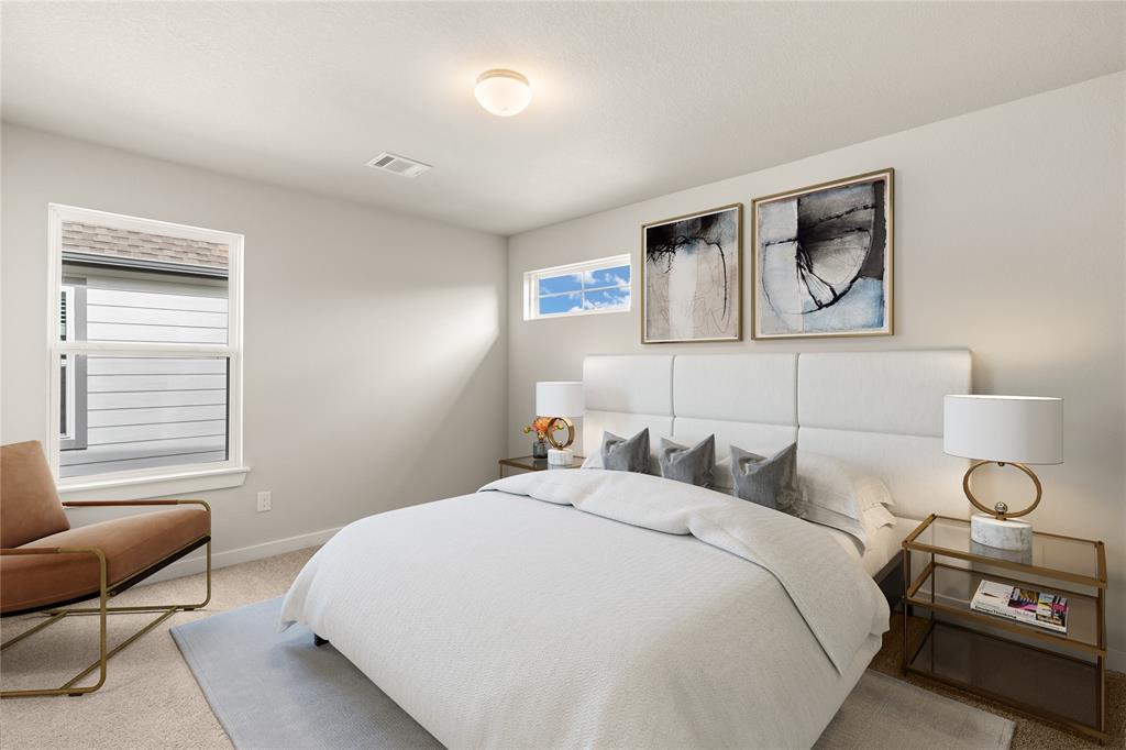 Secondary bedroom features plush carpet, custom paint and a large window.
