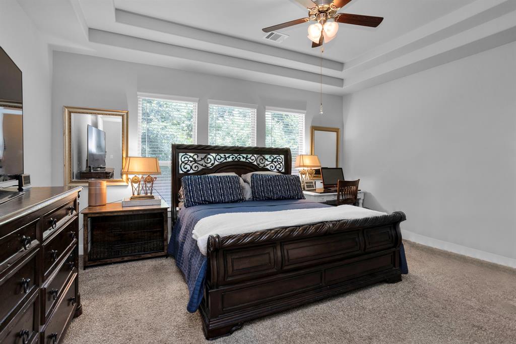 Primary Suite with Vaulted Ceiling and Wall of Windows Overlooking the Backyard and Greenspace.