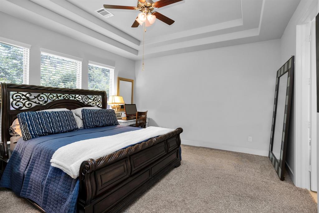 Primary Suite with Vaulted Ceiling and Wall of Windows Overlooking the Backyard and Greenspace.