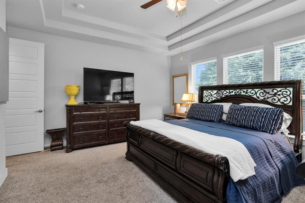 Primary Suite with Vaulted Ceiling and Wall of Windows Overlooking the Backyard and Greenspace.
