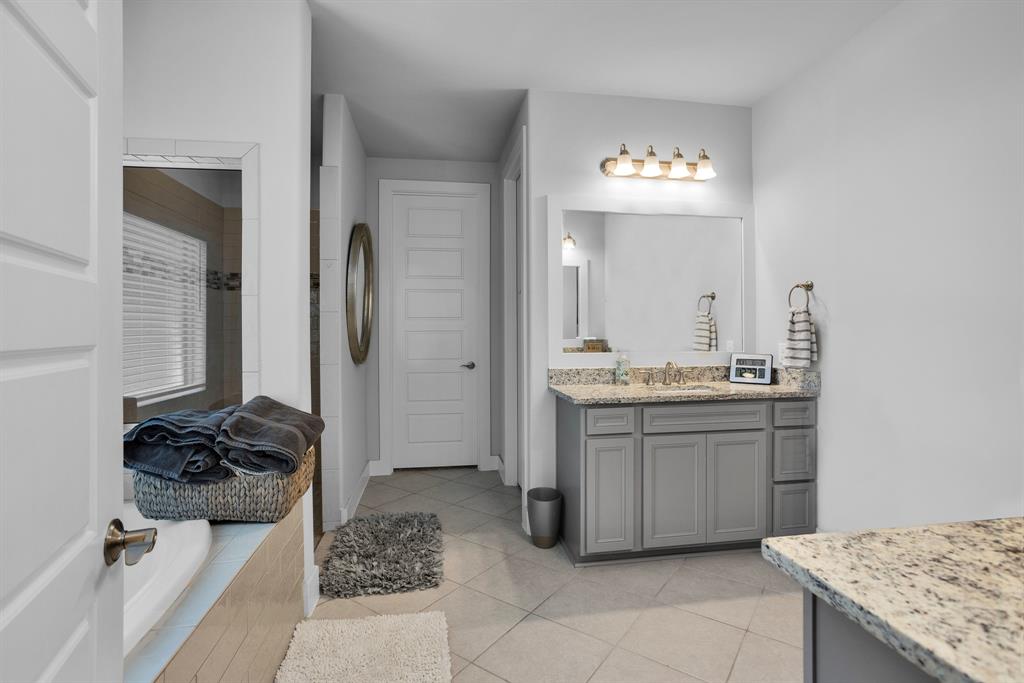 Primary Bath with His & Hers Vanities, Huge Walk-in Closet, Soaking Tub, and Oversized Walk-in Shower.
