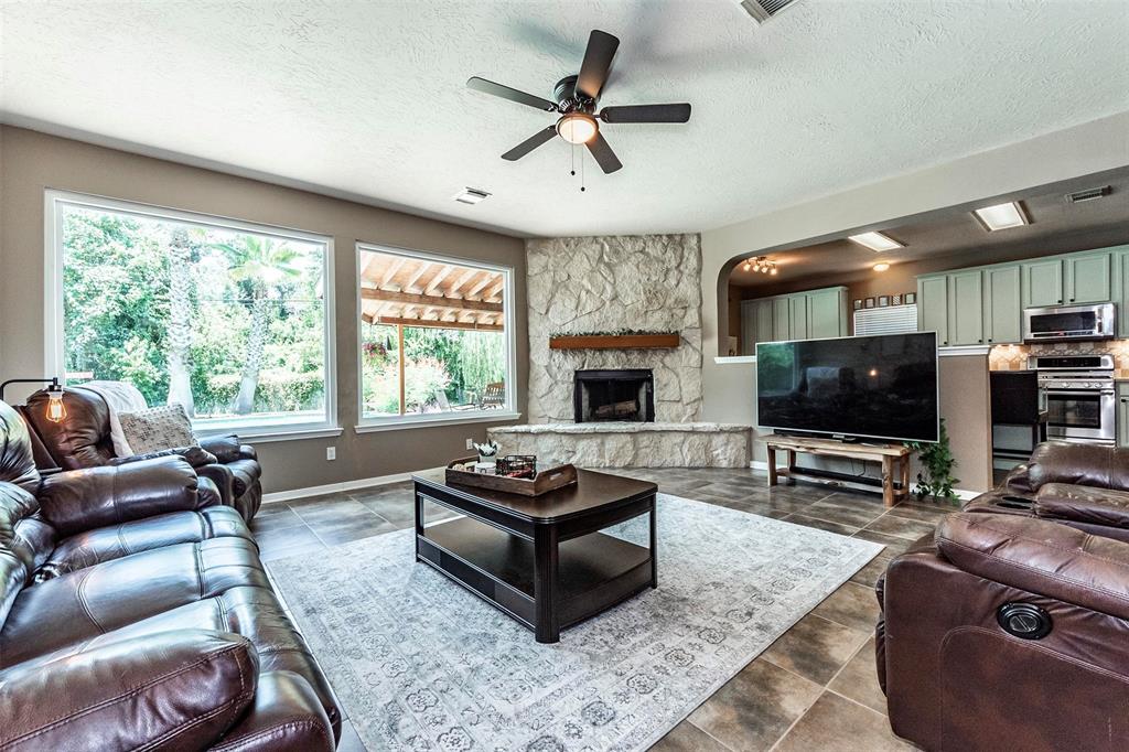 Spacious family room with a wall-of-picture-framed-windows to view your resort style backyard.