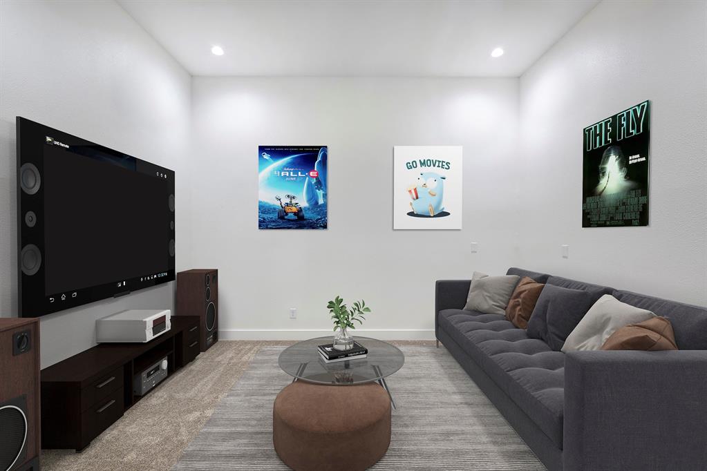 The home theatre is shown virtually staged. The space can accommodate more seating than shown in the photo.