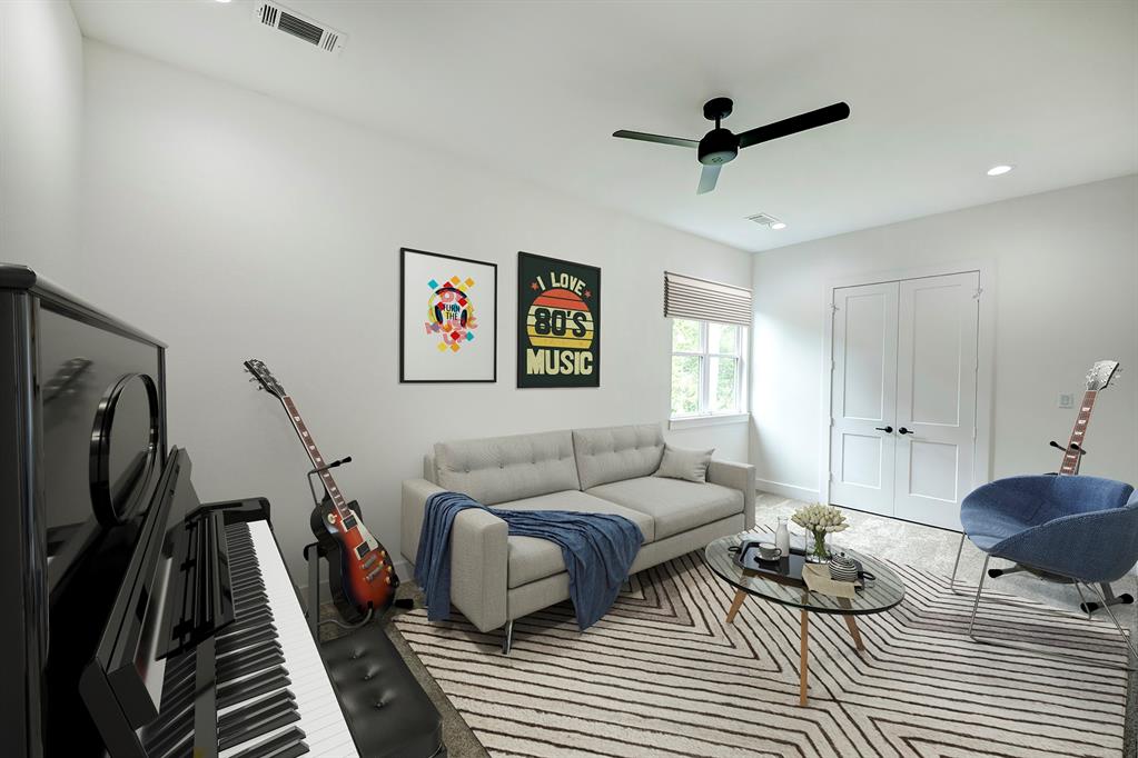 The 7th bedroom is located upstairs, has a walk-in closet, and is virtually staged as a music room. This space could also make a great second office, den, or craft room!
