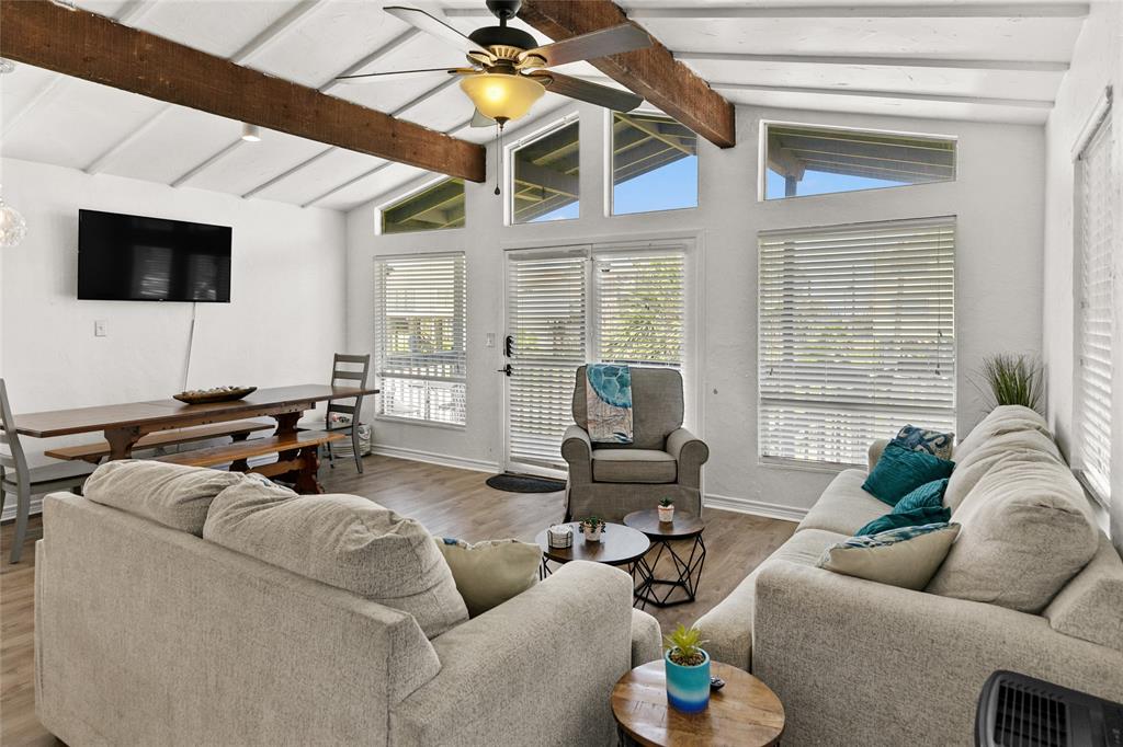 Vaulted ceilings in the living and ding room.