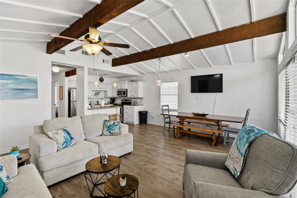 Vaulted ceilings in the living and ding room.