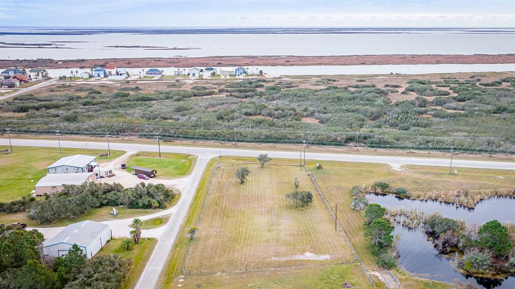 Arial view of the property looking towards the town of Port O\'Connor with estimated property lines