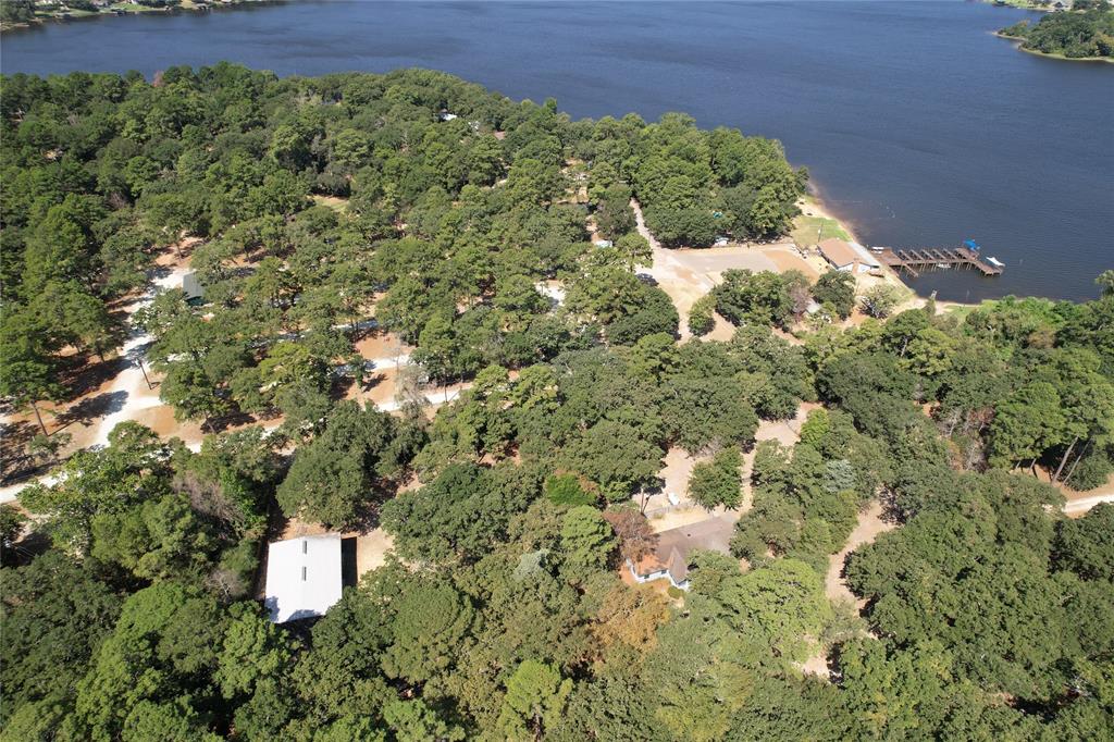 Overhead view, shows proximity to the gorgeous Houston County Lake. White Roof Shop, Brown roof to the right is the home.