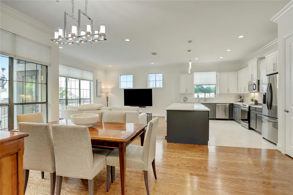A gorgeous dining room with ample space for most sized tables.
