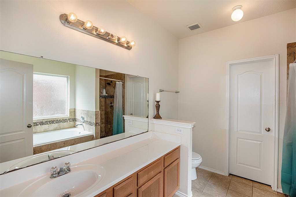 The primary bathroom has a large vanity and a large walk-in closet.