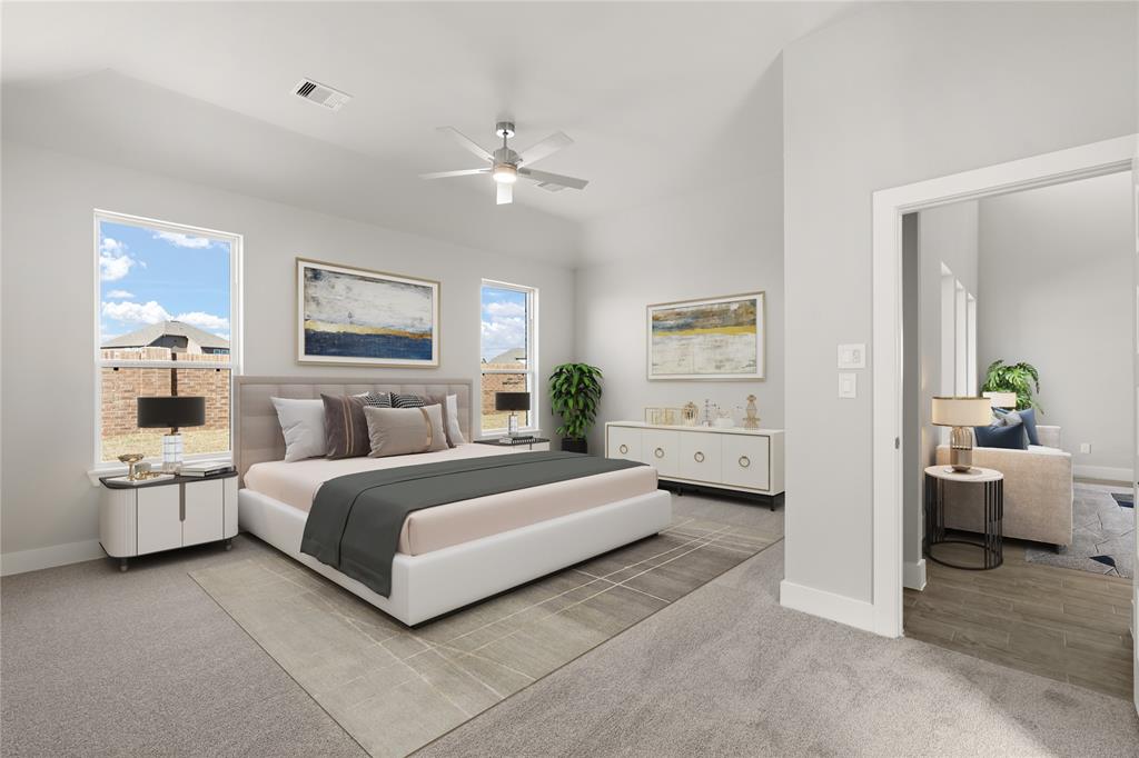 What a wonderful place to come home to, this stunning master suite greets you with plush carpet, a warm custom paint, high ceiling, ceiling fan with lighting, windows with blinds allowing in natural light brightening up this spacious master bedroom.