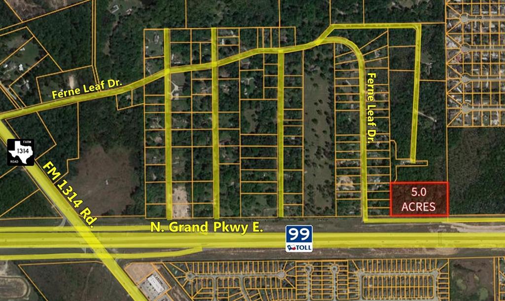 5.0 acres (unrestricted) located in unincorporated Montgomery County, TX.  Situated near the highly trafficked intersection of FM 1314 @ Grand Pkwy (GP-99).  Newly proposed H-E-B grocery located at SWC of FM 1314 @ GP-99.  Clear and unobstructed visibility from the Grand Parkway (GP-99).  Electric service available via Entergy Texas.  Situated in area of minimal flood hazard per FEMA maps (Zone X).  Well and septic system required for water and sanitation.