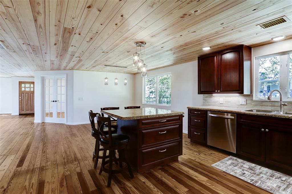 Wood ceilings and new lighting fixtures.