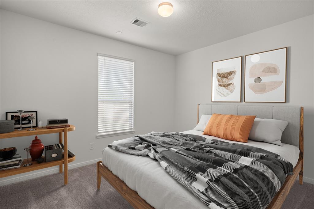 This primary bedroom features high ceilings, custom paint, plush carpet, and a large window with privacy blinds!