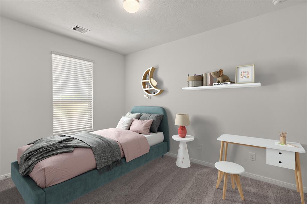 This secondary bedroom features high ceilings, custom paint, plush carpet, and a large window with privacy blinds!