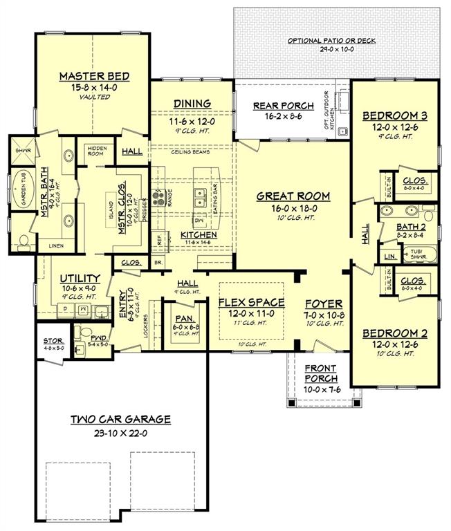 This floor plan will be modified to add 4 extra feet to the width of the Primary bedroom, allowing for a sitting area.  At this stage a 3 car garage or golf cart garage can be added too.