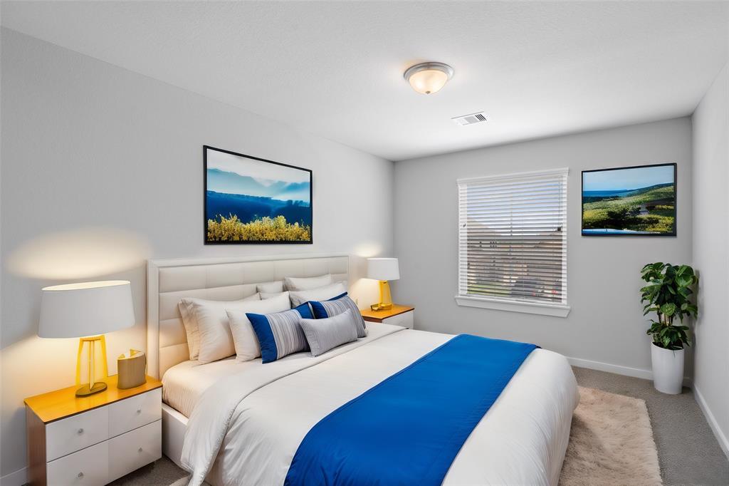 Secondary bedroom features plush carpet, custom paint and a large window with privacy blinds.