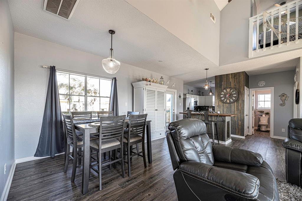 The dining area has views of the neighborhood