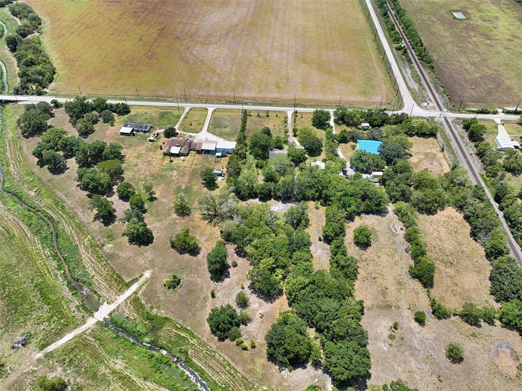 An aerial view from the rear of the property.