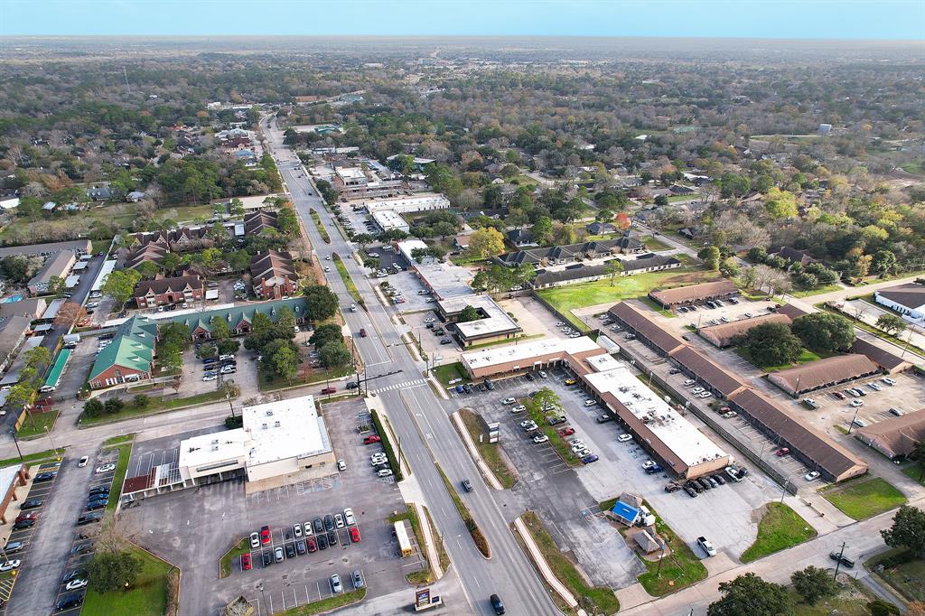 Aerial view of surrounding downtown Friendswood offers plenty of restaurants, dance lessons, sporting areas for kids