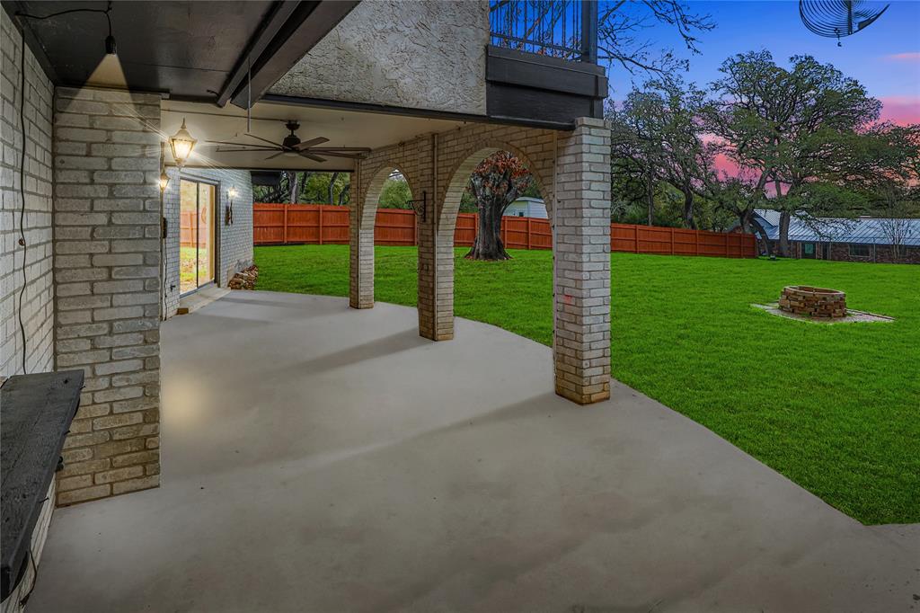 Beautiful shot of the backyard covered patio area.