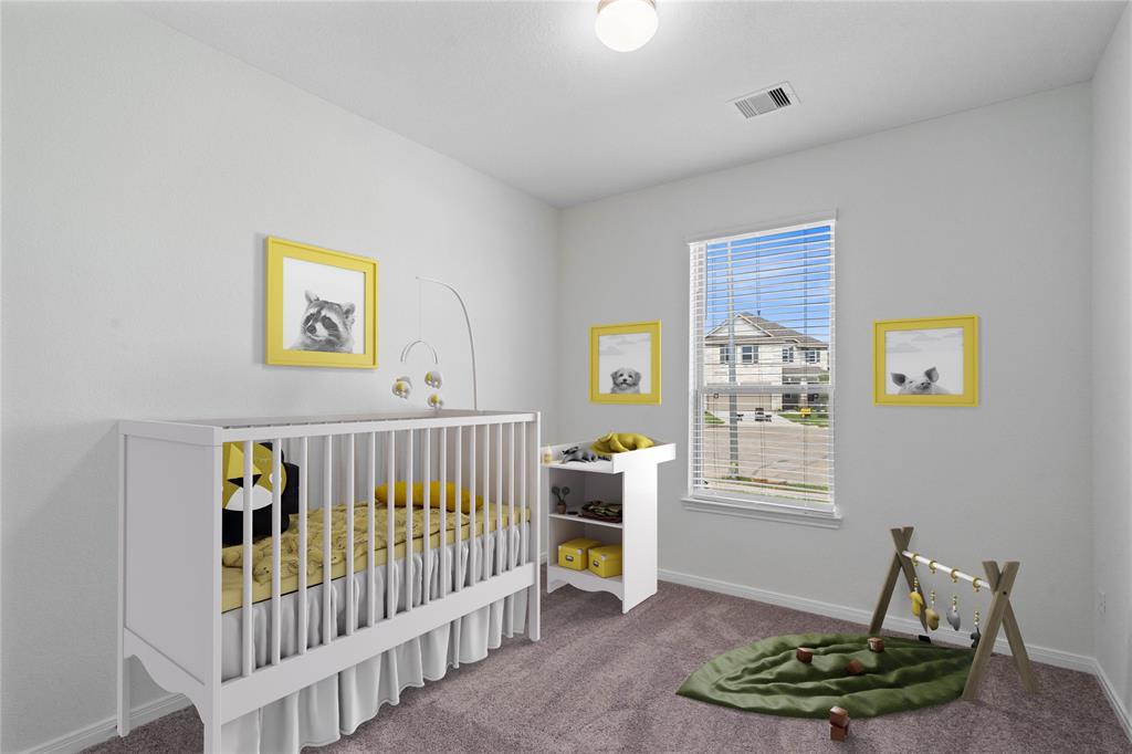 Secondary bedroom features plush carpet, neutral paint and a large window with privacy blinds.