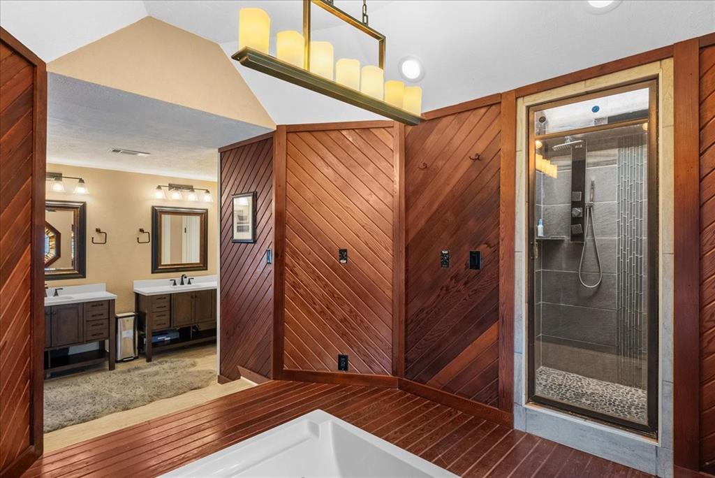 This luxurious walk-in shower doubles as a steam room.