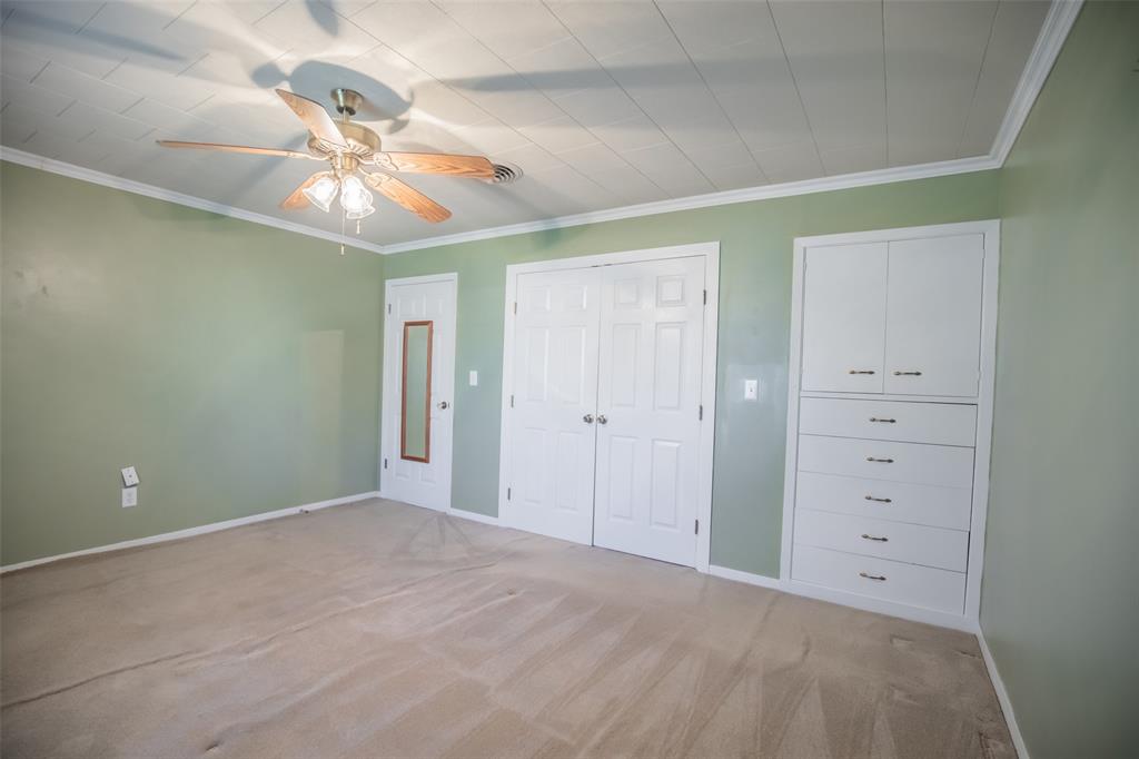 Primary bedroom - Carpet, ceiling fan, crown molding, double door closet, built-in drawers and cabinet, and earthy green, trendy paint color.