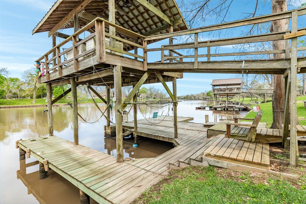 Covered boat house with lots of seating