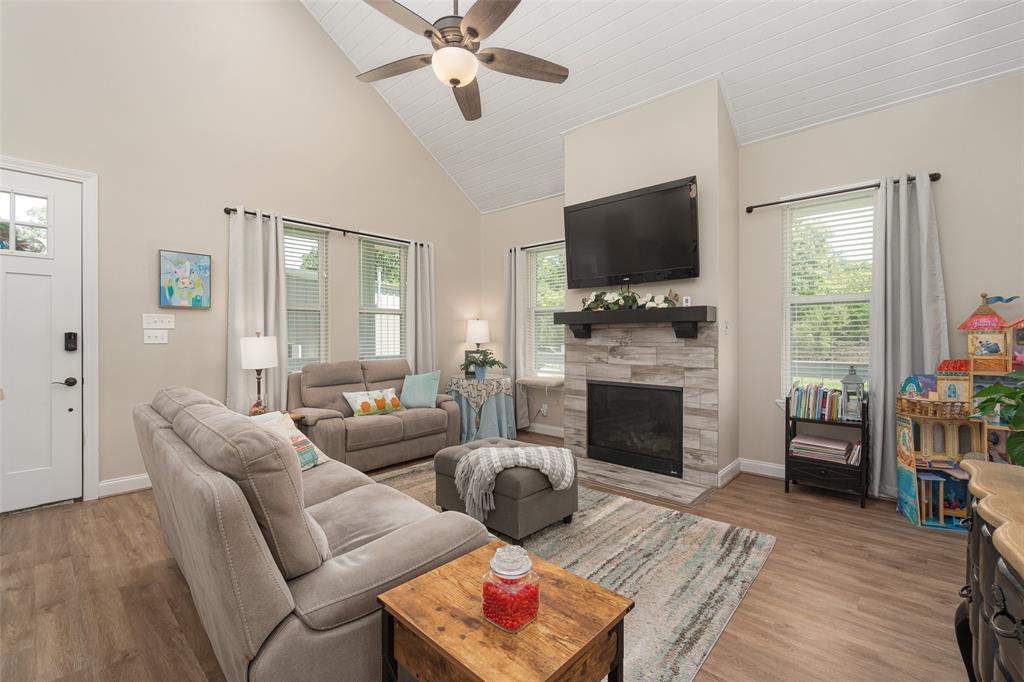 Living room space, tile fireplace